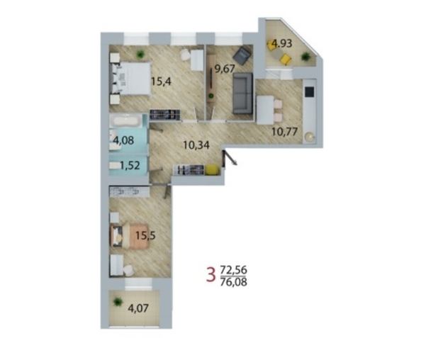 
  Продается 3-комн. квартира, 72.57 м², ЖК Енисейский, дом 1
. Фото 3.