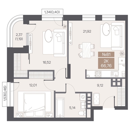 
  Продается 2-комн. квартира 66.76 м², в ЖК ЦЕНТР-ПАРК на Волочаевской. Фото 1.