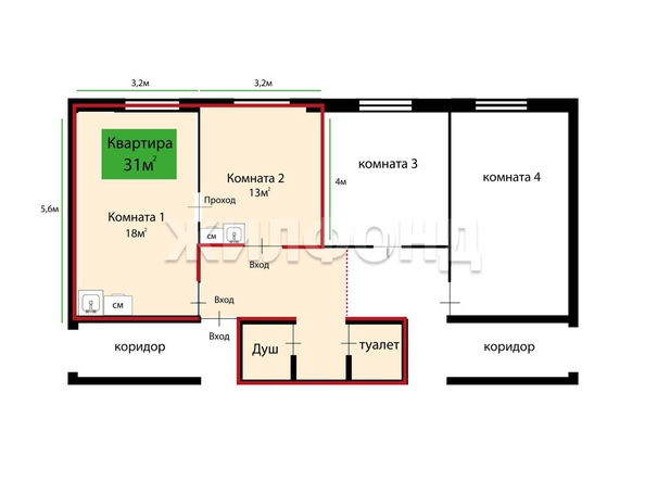 
  Продается 2-комн. квартира, 30.7 м², Войкова ул, д. 59а
. Фото 8.
