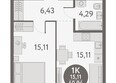 Первый на Титова: Планировка 1-комн 40,94 м²