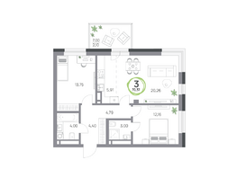 Продается 3-комнатная квартира ЖК Юдинский, дом 1.3, 70.37  м&sup2;, 10520315 рублей