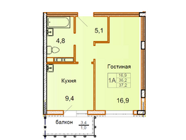 Продается 1-комнатная квартира ЖК Сибирский Двор, дом 4, 37.2  м², 3608400 рублей