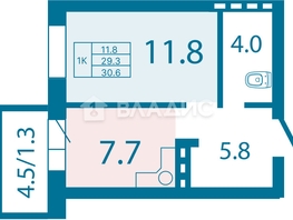 Продается 1-комнатная квартира ЖК Олимп, дом 1, 30.06  м², 4530000 рублей