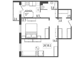 Продается 2-комнатная квартира ЖК Три слона, дом 2, 58.1 м², 6600000 рублей