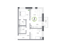Продается 3-комнатная квартира ЖК Юдинский, дом 1.4, 63.21 м², 7755867 рублей