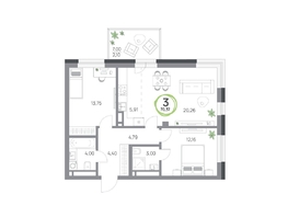 Продается 3-комнатная квартира ЖК Юдинский, дом 1.4, 70.37 м², 8437363 рублей