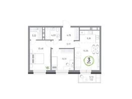 Продается 3-комнатная квартира ЖК Юдинский, дом 1.4, 61.14 м², 7514106 рублей