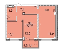 Продается 3-комнатная квартира ЖК Зеленая высотка на Калинина, 55.9 м², 6149000 рублей