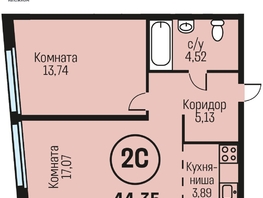 Продается 2-комнатная квартира ЖК Адалин на Южном, дом 15 корпус 5, 44.35  м², 5055900 рублей