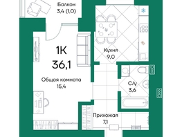 Продается 1-комнатная квартира ЖК Широта, корпус 2, 36.1  м², 5443880 рублей