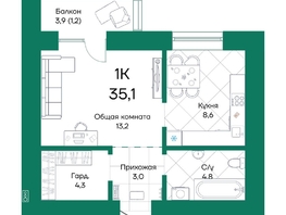 Продается 1-комнатная квартира ЖК Широта, корпус 1, 35.1  м², 5429970 рублей