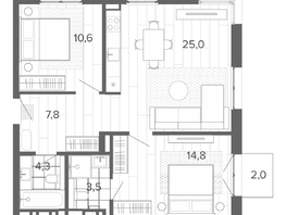 Продается 3-комнатная квартира ЖК Вышка, корпус 1, 67.67  м&sup2;, 12321000 рублей