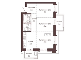 Продается 3-комнатная квартира ЖК Империал, 57.1  м&sup2;, 9764100 рублей