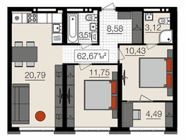 3-комнатная квартира, 62.67 м², 6/18 этаж