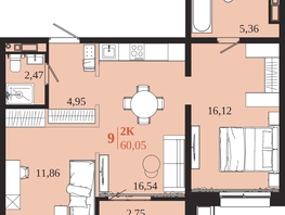 Продается 2-комнатная квартира ЖК 1661, 60.05  м&sup2;, 11199325 рублей
