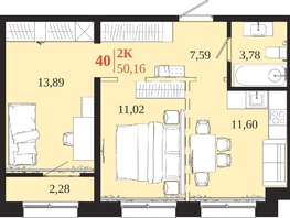 Продается 2-комнатная квартира ЖК 1661, 50.16  м&sup2;, 9981840 рублей