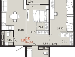 Продается 2-комнатная квартира ЖК 1661, 62.64  м&sup2;, 12465360 рублей