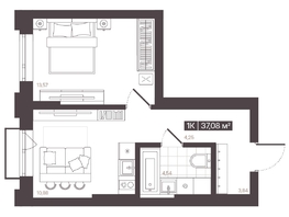 Продается 1-комнатная квартира  Жилой квартал «Моне», 37.08  м², 5654700 рублей
