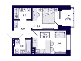 Продается 1-комнатная квартира ЖК Сподвижники, 35.9  м², 5800000 рублей