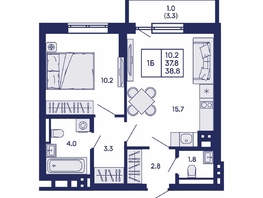Продается 1-комнатная квартира ЖК Горизонт, дом 2, 38.8  м&sup2;, 6500000 рублей