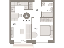 Продается 1-комнатная квартира ЖК Пшеница, дом 2.2, 43.61  м&sup2;, 5310000 рублей
