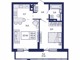 Продается 2-комнатная квартира ЖК Горизонт, дом 2, 46  м&sup2;, 6600000 рублей