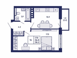 Продается 1-комнатная квартира ЖК Горизонт, дом 2, 38.2  м&sup2;, 5950000 рублей