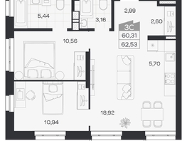 Продается 3-комнатная квартира ЖК Квартал 54, дом 1, 60.31  м&sup2;, 9115000 рублей