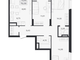 Продается 4-комнатная квартира ЖК Ясный берег, дом 19, бс 2-5, 78.08  м&sup2;, 13023000 рублей