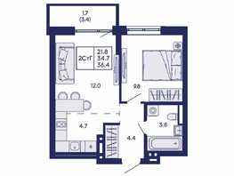 Продается 2-комнатная квартира ЖК Горизонт, дом 2, 36.4  м&sup2;, 6150000 рублей