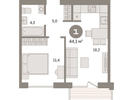 Продается 1-комнатная квартира ЖК Пшеница, дом 2.2, 44.09  м&sup2;, 6620000 рублей