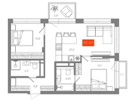 Продается 2-комнатная квартира  Квартал ЩА, сек 2.1, 62.5  м&sup2;, 11690000 рублей
