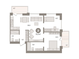 Продается 2-комнатная квартира ЖК Пшеница, дом 2.2, 73.29  м&sup2;, 10770000 рублей