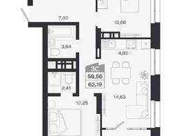 Продается 3-комнатная квартира ЖК Квартал 54, дом 1, 58.56  м&sup2;, 10248000 рублей