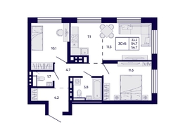 Продается 3-комнатная квартира ЖК Цитатум, 54.7  м&sup2;, 11200000 рублей