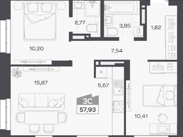 Продается 3-комнатная квартира ЖК Квартал 54, дом 1, 57.93  м&sup2;, 9934000 рублей