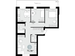 3-комнатная квартира, 71.9 м², 1/9 этаж