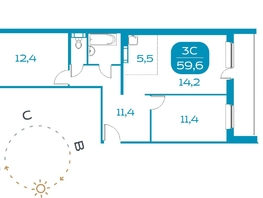 Продается 3-комнатная квартира АКВАМАРИН, дом 3/1, 59.4 м², 4150000 рублей