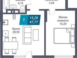 Продается 1-комнатная квартира ЖК Звезда, 47.77  м², 7547660 рублей