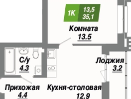 Продается 1-комнатная квартира ЖК Калининский квартал, дом 2, 35.1  м², 5861700 рублей