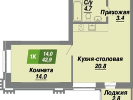 Продается 1-комнатная квартира ЖК Калининский квартал, дом 2, 42.9  м², 6992700 рублей