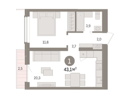 Продается 1-комнатная квартира ЖК Авиатор, дом 3, 43.09  м², 6970000 рублей