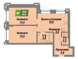 Продается 2-комнатная квартира ЖК Калининский квартал, дом 3, 59.8  м², 9747400 рублей