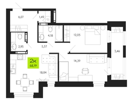 Продается 2-комнатная квартира ЖК Поэзия, 68.19  м², 9955740 рублей