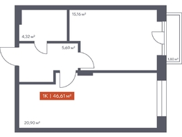 Продается 1-комнатная квартира ЖК Ломоносов, 46.61  м&sup2;, 9513101 рублей