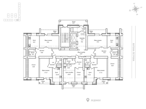 Планировка 2-4 и 6-11 этажей, 4 б/с 